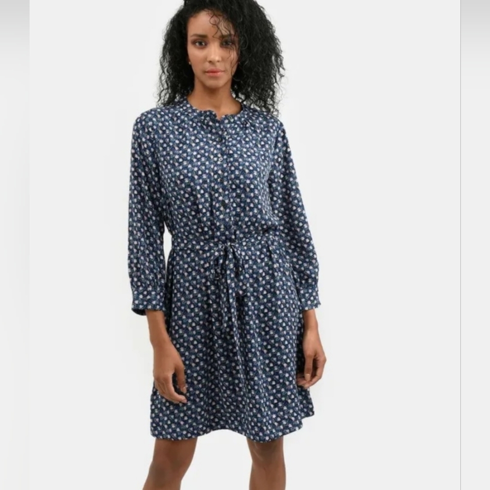 GAP Navy Blue Floral Long Sleeve Tie Waist Shirt Dress Medium